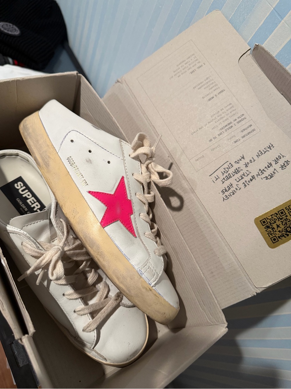 Golden Goose White Leather mule Sneaker with Hot Pink Star